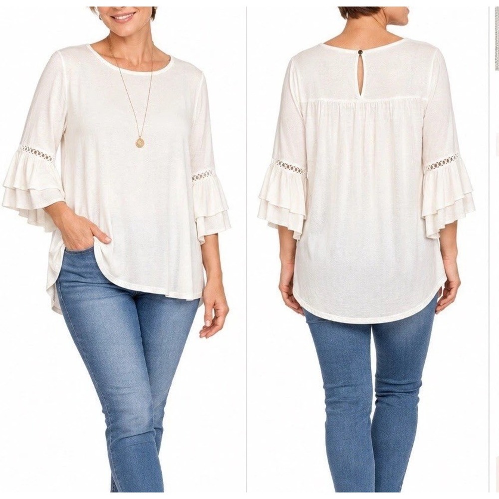 Lildy Women's Ivory Cream Tunic Top Bell Ruffle Crochet Sleeve Casual Boho L-XL